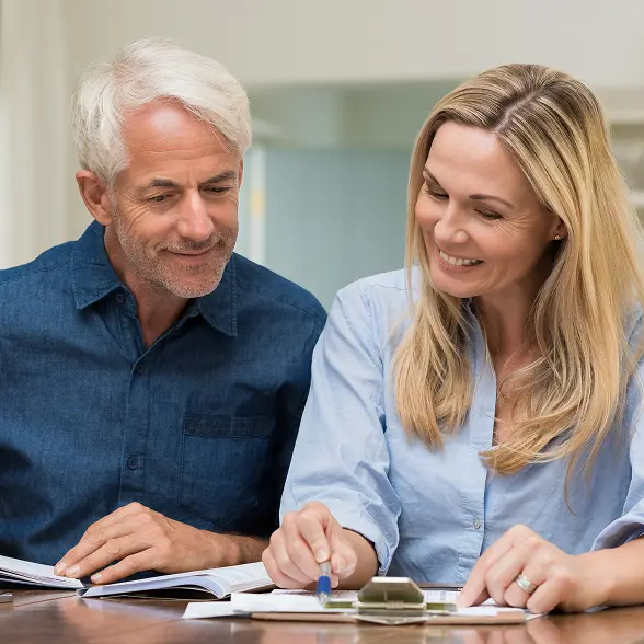 Inset_LegacyPlanning_Will-converted Couple looking over their last will and testament and smiling for some reason
